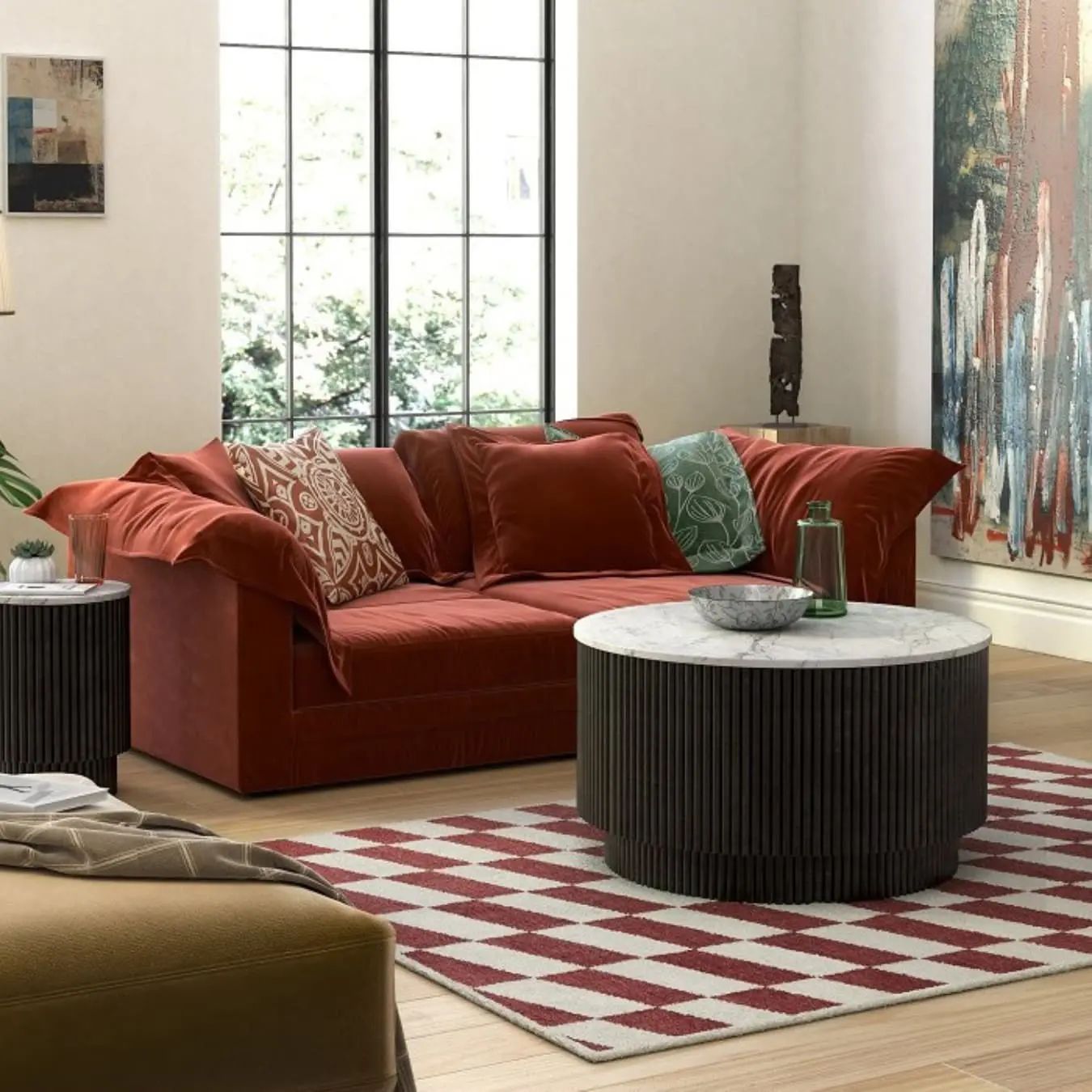 Terracotta sofa in a bright living room